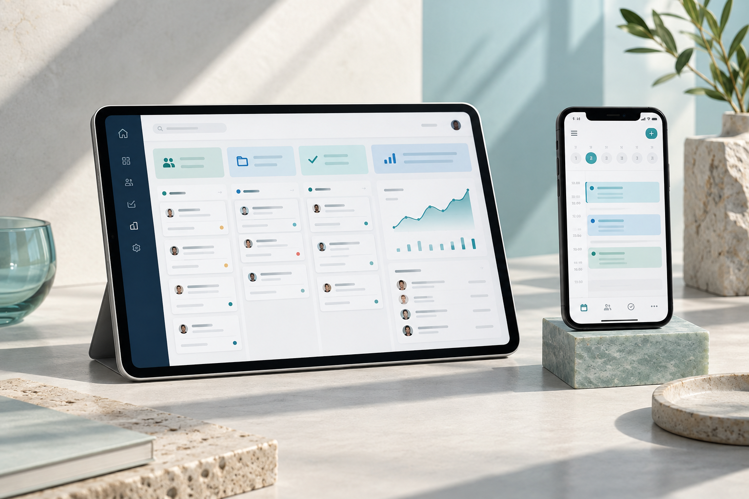 Concept de démonstration d’un outil de suivi d’activité sur tablette et d’une interface mobile, sur un bureau clair.