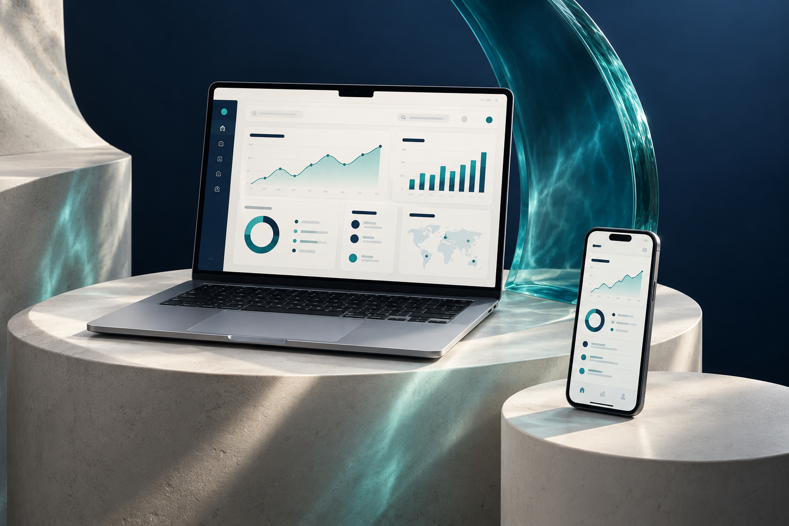 Composition de démonstration : un ordinateur et un téléphone présentant des interfaces web et mobiles, dans un décor bleu nuit et turquoise.